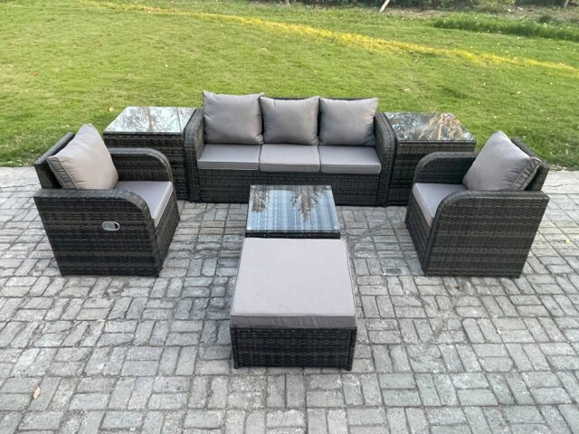 Rackhams 6-Seater Dark Grey Wicker Rattan Outdoor Sofa Set - Reclining Chair, 3-Seater Sofa, 2 Side Tables, Large Footstool - image 1