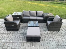 Rackhams 6-Seater Dark Grey Wicker Rattan Outdoor Sofa Set - Reclining Chair, 3-Seater Sofa, 2 Side Tables, Large Footstool - thumbnail 1