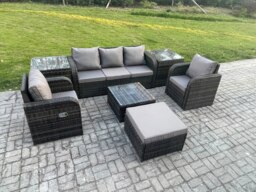 Rackhams 6-Seater Dark Grey Wicker Rattan Outdoor Sofa Set - Reclining Chair, 3-Seater Sofa, 2 Side Tables, Large Footstool - thumbnail 2
