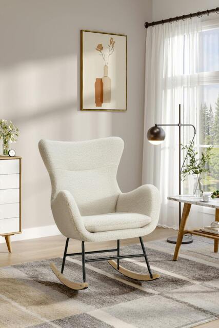 Rackhams Comfy Netural Bouclé Upholstered Rocking Accent Chair with High Backrest and Armrests - White - One Size