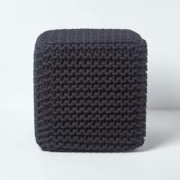 Rackhams Cube Cotton Knitted Pouffe Footstool Bean Filled Hand Knitted - Black - thumbnail 1