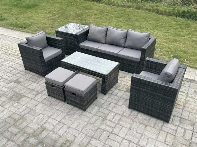 Rackhams Lounge Rattan Sofa Set Outdoor Garden Furniture Oblong Rectangular Coffee Table With 2 Chairs 2 Stools Extra Side Table - image 1