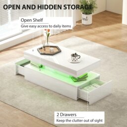 Rackhams LED Coffee Table with Storage, High Gloss Living Room Table, White - White - 48 - Coffee table - thumbnail 5