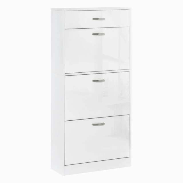 Rackhams Shoe Cabinet with 3 Flip Drawers, High Gloss Shoe Storage Cabinet with Top Drawer and Adjustable Shelves, Shoe Cupboard for 18 Pairs, White - image 1