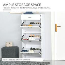 Rackhams Shoe Cabinet with 3 Flip Drawers, High Gloss Shoe Storage Cabinet with Top Drawer and Adjustable Shelves, Shoe Cupboard for 18 Pairs, White - thumbnail 4