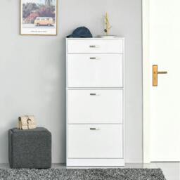 Rackhams Shoe Cabinet with 3 Flip Drawers, High Gloss Shoe Storage Cabinet with Top Drawer and Adjustable Shelves, Shoe Cupboard for 18 Pairs, White - thumbnail 2