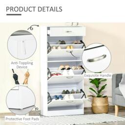 Rackhams Shoe Cabinet with 3 Flip Drawers, High Gloss Shoe Storage Cabinet with Top Drawer and Adjustable Shelves, Shoe Cupboard for 18 Pairs, White - thumbnail 6