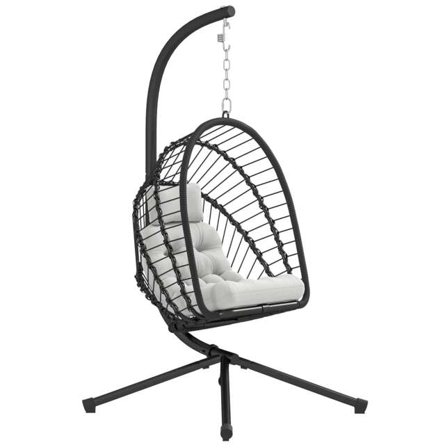 Rackhams Outdoor PE Rattan Swing Chair with Foldable Basket and Cushion, Garden Patio Hanging Egg Chair with Metal Stand, Black