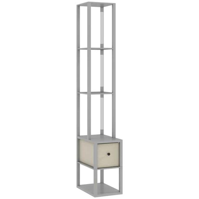 Rackhams Floor Lamp with Shelves, LED Column Modern Standing Lamp with Fabric Drawer, Adjustable Brightness, Foot Switch for Living Room, Bedroom, Office, Grey