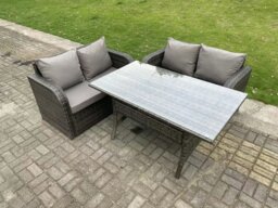 Rackhams Dark Grey PE Wicker Rattan Garden Furniture Set Love Sofa 2 Seater Sofa Set Outdoor Rectangular Dining Table 4 Seater - thumbnail 1