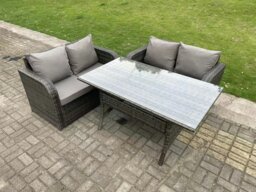 Rackhams Dark Grey PE Wicker Rattan Garden Furniture Set Love Sofa 2 Seater Sofa Set Outdoor Rectangular Dining Table 4 Seater - thumbnail 2