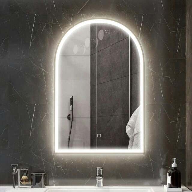 Rackhams 90 x 60 cm Bathroom Mirror with LED Lights, Anti-Fog Arched Vanity Mirror with 3 Colour Dimmable, Gold Tone - Gold Tone - image 1