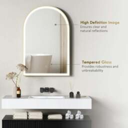 Rackhams 90 x 60 cm Bathroom Mirror with LED Lights, Anti-Fog Arched Vanity Mirror with 3 Colour Dimmable, Gold Tone - Gold Tone - thumbnail 6