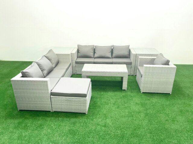 Rackhams Wicker PE Rattan Sofa Garden Furniture Set with Oblong Coffee Table Armchair Big Footstool 2 Side Tables Light Grey Mixed - image 1