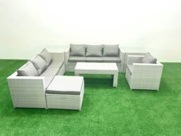 Rackhams Wicker PE Rattan Sofa Garden Furniture Set with Oblong Coffee Table Armchair Big Footstool 2 Side Tables Light Grey Mixed - thumbnail 2
