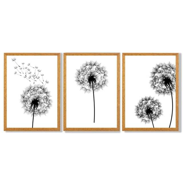 Rackhams DANDELIONS Set of 3 Framed Sketch Wall Art Prints - 50x70cm - Oak - image 1