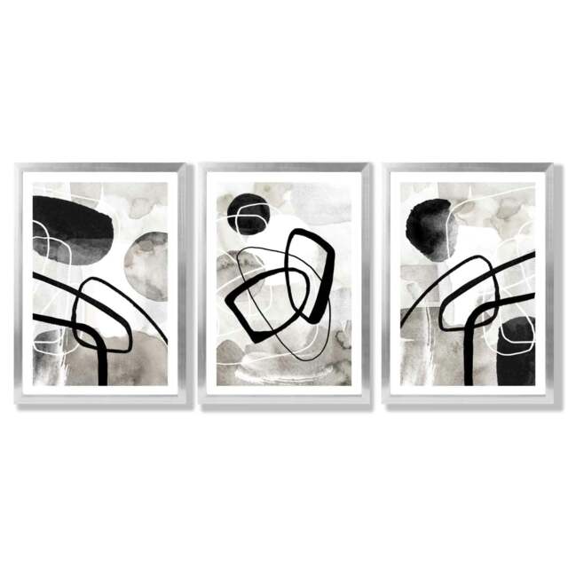 Rackhams Set of 3 Abstract Black Grey Watercolour Framed Wall Art - 50x70cm - Silver - image 1