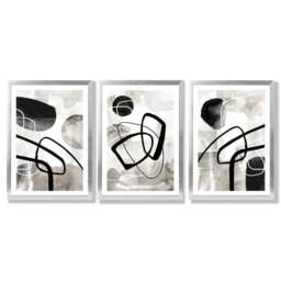Rackhams Set of 3 Abstract Black Grey Watercolour Framed Wall Art - 50x70cm - Silver