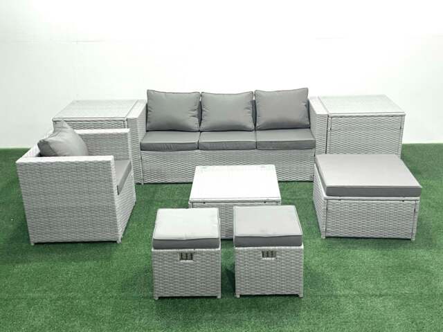 Rackhams Garden Outdoor Furniture Set 7 Seater Rattan Sofa Set with 3 Footstools Armchair 2 Side Tables Light Grey Mixed - image 1