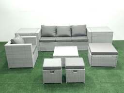Rackhams Garden Outdoor Furniture Set 7 Seater Rattan Sofa Set with 3 Footstools Armchair 2 Side Tables Light Grey Mixed - thumbnail 1