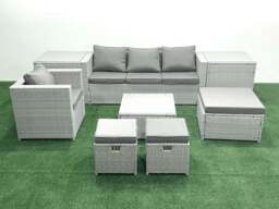 Rackhams Garden Outdoor Furniture Set 7 Seater Rattan Sofa Set with 3 Footstools Armchair 2 Side Tables Light Grey Mixed - thumbnail 2
