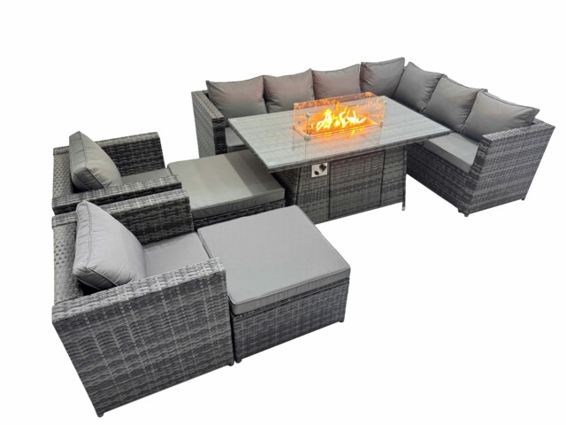 Rackhams Garden Rattan Furniture Set 10 Seater Outdoor Corner Sofa 2 Chair Gas Fire Pit Dining Table Set with 2 Big Stools Dark Grey - image 1
