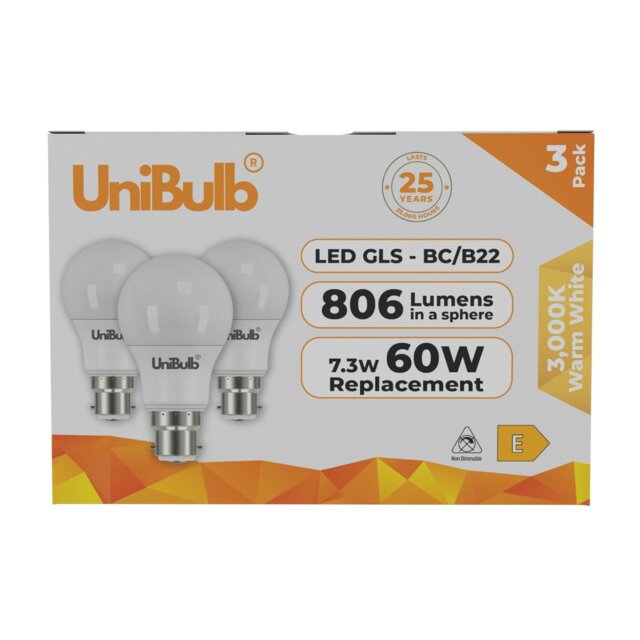 Rackhams LED GLS B22 806lm 7.3W 3000K (Warm White) Light Bulb - Pack of 3 - image 1