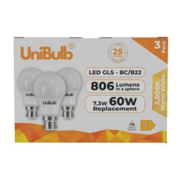 Rackhams LED GLS B22 806lm 7.3W 3000K (Warm White) Light Bulb - Pack of 3 - thumbnail 1