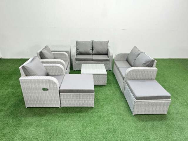 Rackhams 8 Seater Outdoor Reclining Chair Love Sofa Set Rattan Garden Furniture Set with Square Coffee Table 2 Big FootStools Side Table Light Grey - image 1