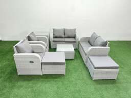 Rackhams 8 Seater Outdoor Reclining Chair Love Sofa Set Rattan Garden Furniture Set with Square Coffee Table 2 Big FootStools  Side Table Light Grey - thumbnail 1