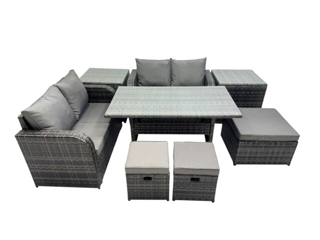 Rackhams Wicker PE Rattan Garden Outdoor Furniture Set Love Sofa Dining Table Sets with 3 Stools 2 Side Tables Dark Grey Mixed - image 1