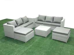 Rackhams Rattan Garden Outdoor Furniture Set 8 Seater Rattan Garden Sofa Set with 2 Big Footstools Light Grey Mixed - thumbnail 2