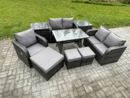 Rackhams 8 Seater Outdoor Garden Dining Sets Rattan Furniture With Dining Table Armchairs Love Sofa 3 Footstools 2 Side Tables Dark Grey Mixed - thumbnail 2