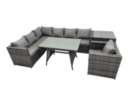 Rackhams 7 seater Outdoor PE Rattan Sofa Set with Dining Table Patio Garden Furniture Sets with Chair Side Table Dark Grey Mixed - thumbnail 1