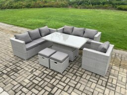 Rackhams Rattan Garden Furniture Set with Height Adjustable Rising Table, 2 Sofas, 1 Armchair & 2 Footstools - 9 Seater - Light Grey - thumbnail 2