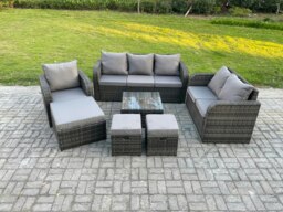 Rackhams Rattan Garden Furniture 7 Piece Patio Set With Table Sofa Square Coffee Table Reclining Chair Love seat sofa Side 3 Seater Sofa 3 Footstools - thumbnail 2