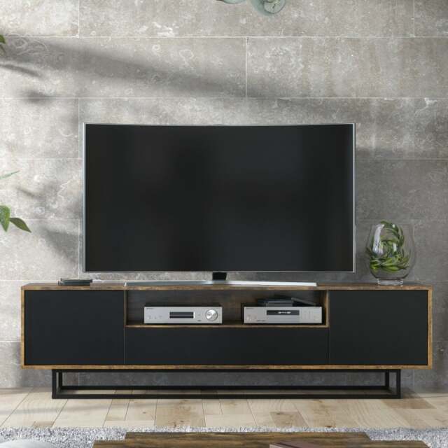 Rackhams Refined 200cm Loft Retro Industrial TV Unit Vintage Oak Cabinet  - 200cm  -  MDF/Chipboard - Industrial Oak - image 1