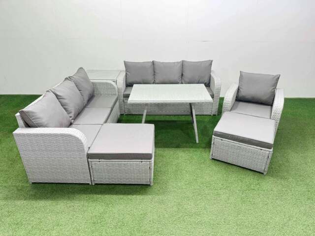 Rackhams 7 Pieces Outdoor PE Rattan Garden Furniture with Cushions Reclining Chair Side Table 2 Big Stools Light Grey - image 1