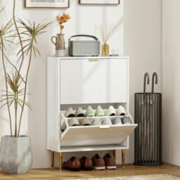 Rackhams Slim Shoe Storage Cabinet with 2 Flip Drawers for Hallway, Black - 60W x 24D x 91.5H cm - White - Fluted doors, gold accents