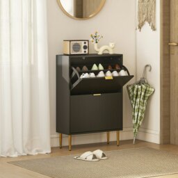 Rackhams Slim Shoe Storage Cabinet with 2 Flip Drawers for Hallway, Black - 60W x 24D x 91.5H cm - White - Fluted doors, gold accents - thumbnail 3