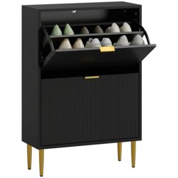 Rackhams Slim Shoe Storage Cabinet with 2 Flip Drawers for Hallway, Black - 60W x 24D x 91.5H cm - White - Fluted doors, gold accents - thumbnail 2