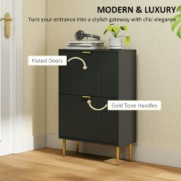Rackhams Slim Shoe Storage Cabinet with 2 Flip Drawers for Hallway, Black - 60W x 24D x 91.5H cm - White - Fluted doors, gold accents - thumbnail 4