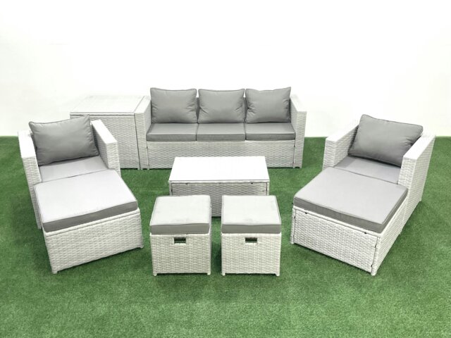 Rackhams 9 Pieces Rattan Garden Furniture Set Outdoor Garden Sofa Chair Coffee Table Set with Side Table 4 Footstools Light Grey Mixed - image 1