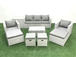 Rackhams 9 Pieces Rattan Garden Furniture Set Outdoor Garden Sofa Chair Coffee Table Set with Side Table 4 Footstools Light Grey Mixed - thumbnail 1