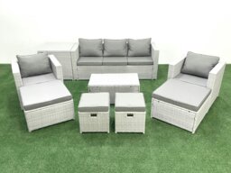 Rackhams 9 Pieces Rattan Garden Furniture Set Outdoor Garden Sofa Chair Coffee Table Set with Side Table 4 Footstools Light Grey Mixed - thumbnail 2