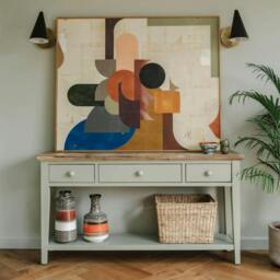 Rackhams Florence Console Table with 3 Drawers and Shelf. Hallway Slimline Storage - Sage Green, Green - thumbnail 1