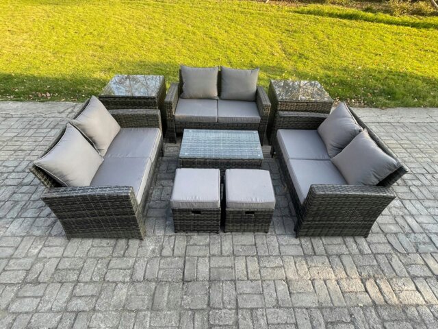 Rackhams 8pc Rattan Sofa Garden Furniture Outdoor Patio Set with 2 Side Tables 2 Small Footstools Love Seat Sofa Dark Grey Mixed - image 1