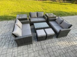 Rackhams 8pc Rattan Sofa Garden Furniture Outdoor Patio Set with 2 Side Tables 2 Small Footstools Love Seat Sofa Dark Grey Mixed - thumbnail 2