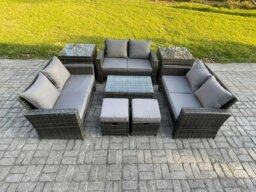 Rackhams 8pc Rattan Sofa Garden Furniture Outdoor Patio Set with 2 Side Tables 2 Small Footstools Love Seat Sofa Dark Grey Mixed - thumbnail 1