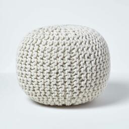 Rackhams Round Cotton Knitted Pouffe Footstool Bean Filled Hand Knitted - Natural
